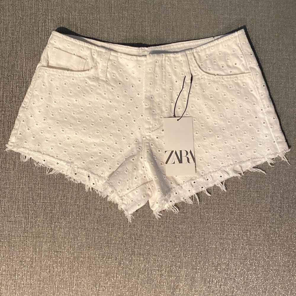 Zara Openwork Embroidery White Denim Shorts